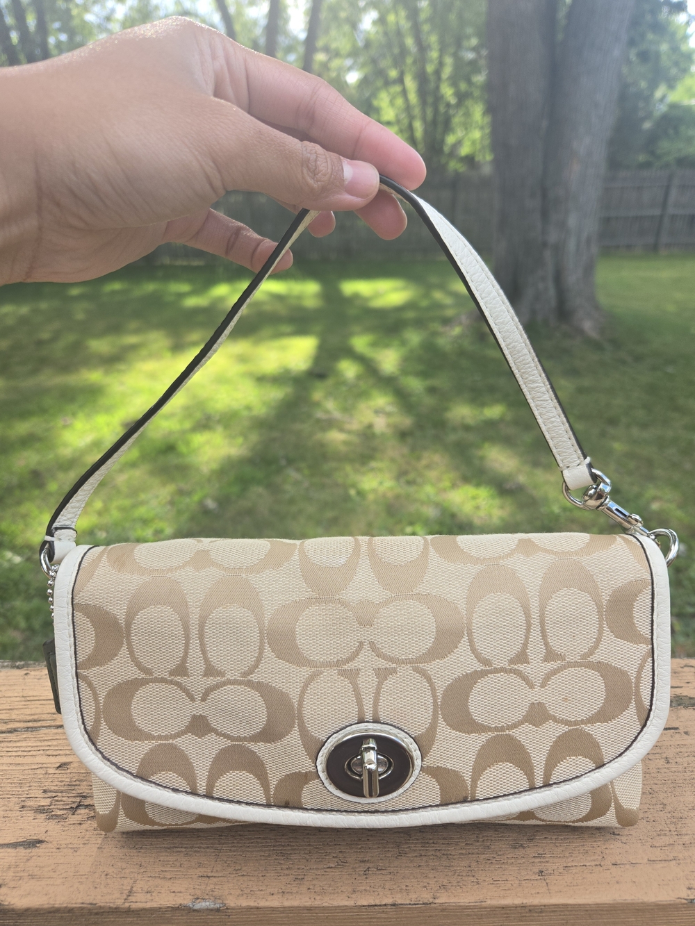 Coach Y2K Monogram C White Leather Trim Turnlock Mini Purse